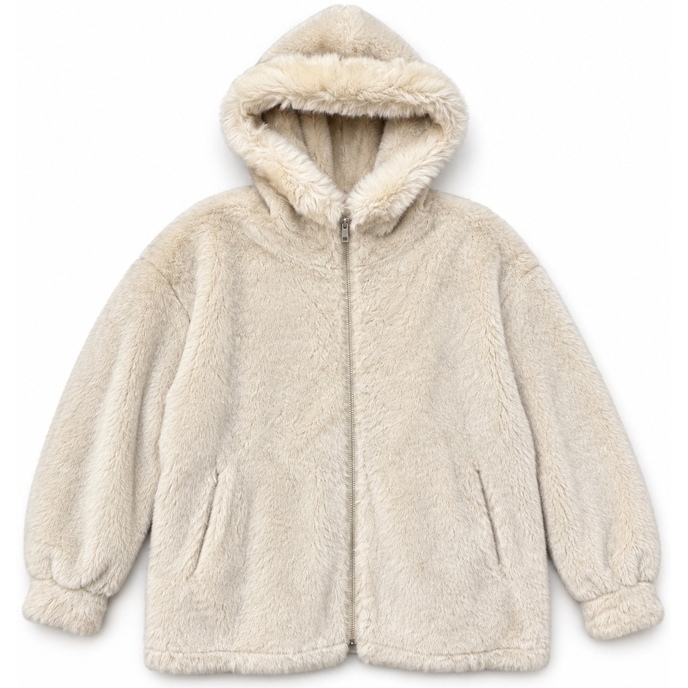 Gallery Faux Fur Hooded Jacket Cream Beige Full Zip Size 8 Made in USA